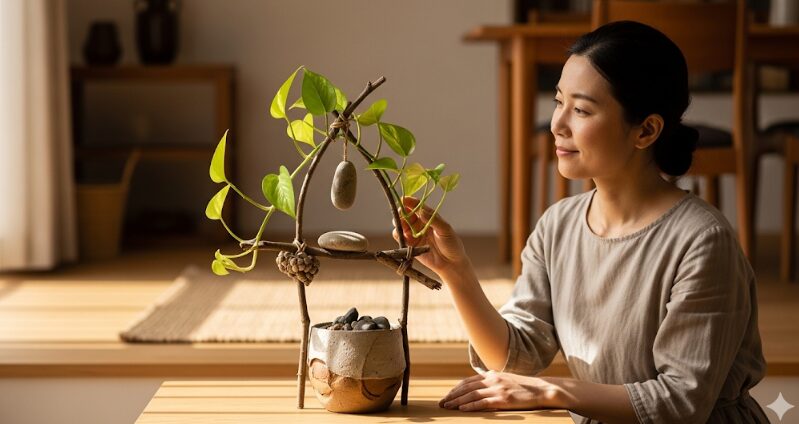 ポトスの支柱を身近な物で代用する様子
