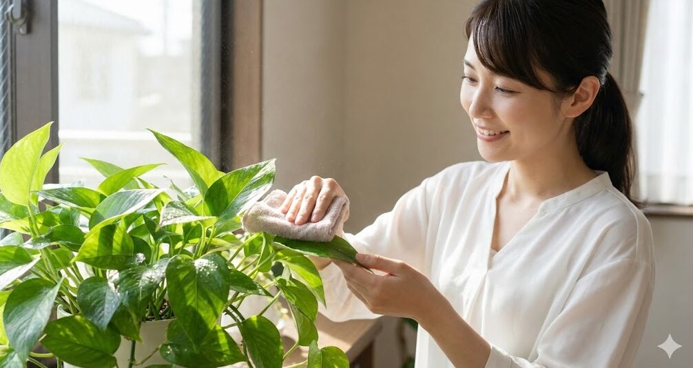 葉の埃を拭いて浄化力を維持