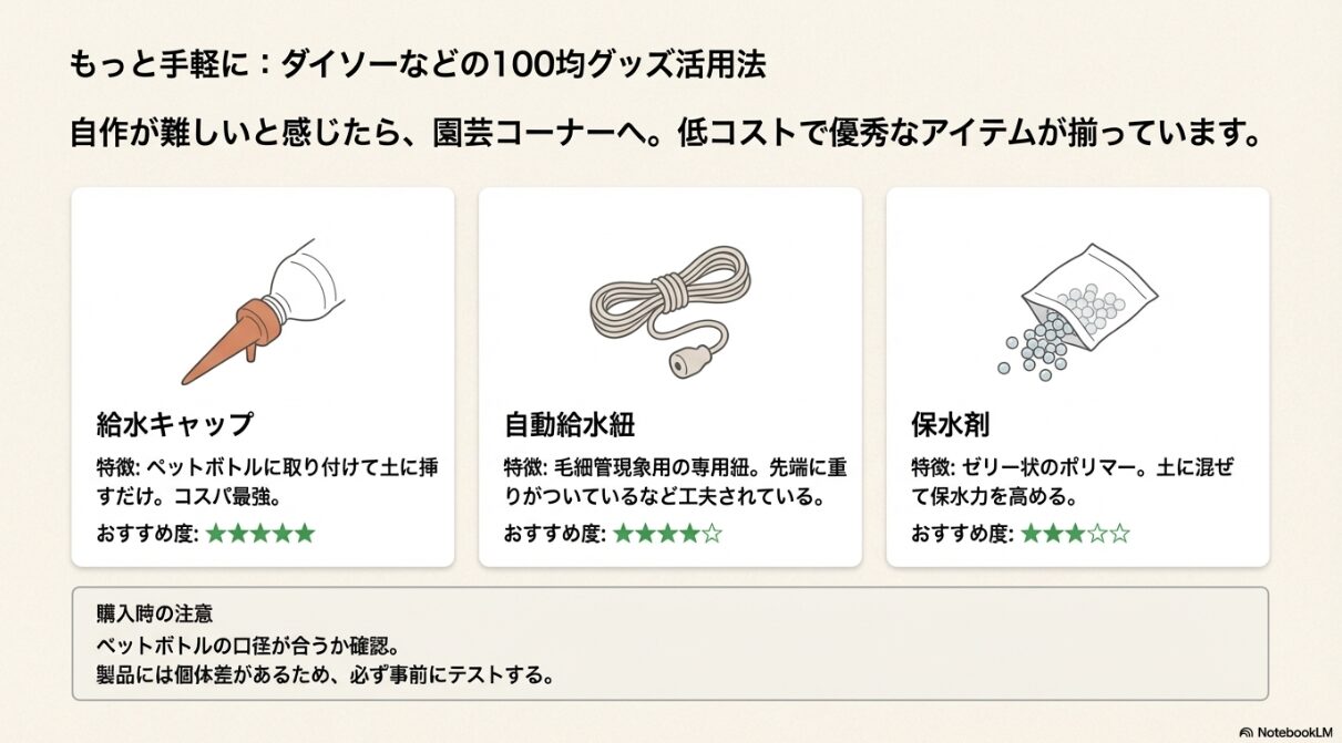 ペットボトル用給水キャップ、毛細管現象用の自動給水紐、保水剤（ポリマー）などの100均園芸アイテムのイラスト。