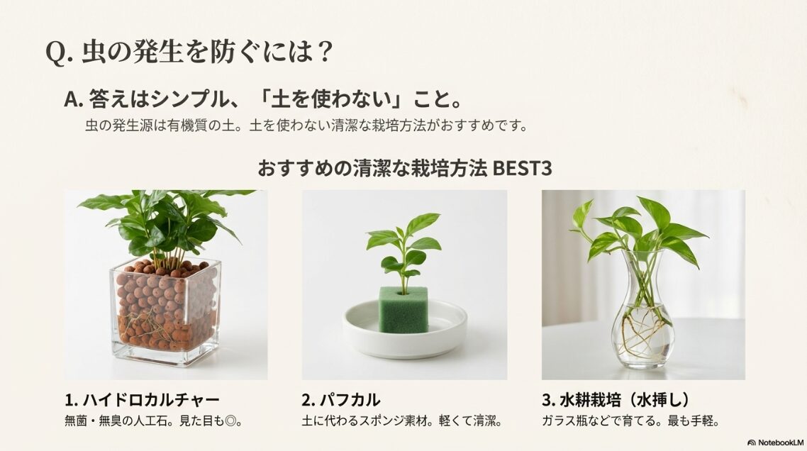 虫を防ぐためのハイドロカルチャー、パフカル、水耕栽培の3つの方法を紹介したスライド