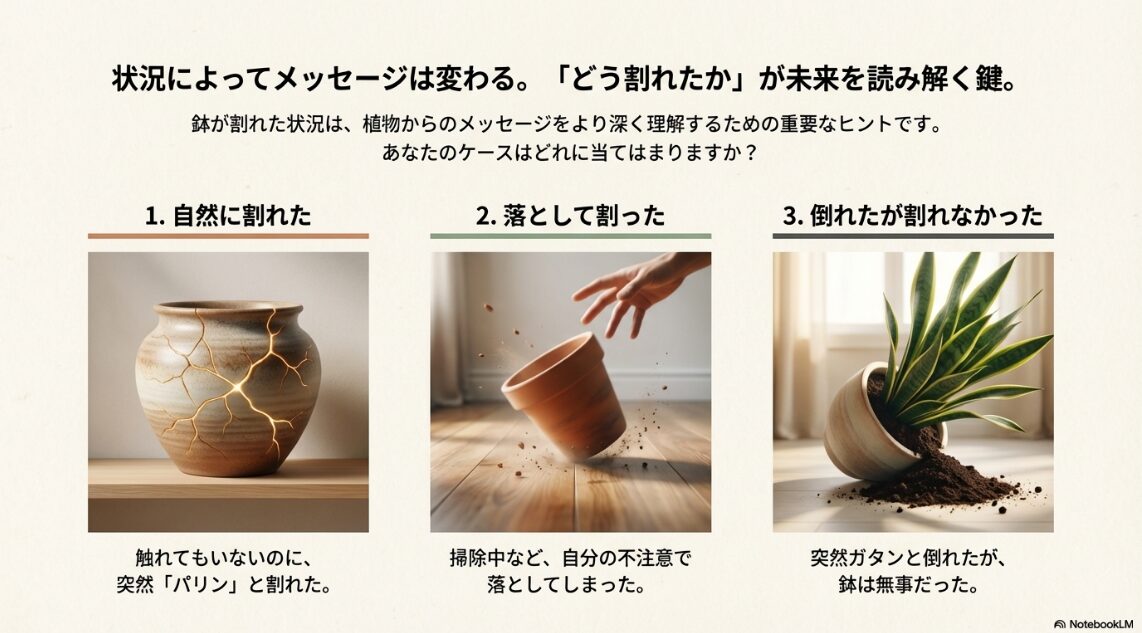 自然に割れた場合、落として割った場合、倒れたが割れなかった場合の3つの状況を描いたイラスト
