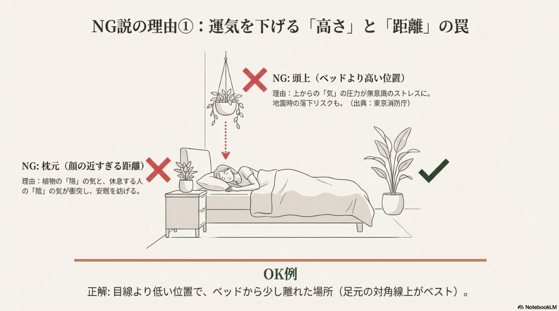 ベッドの頭上のハンギングや枕元の配置がなぜNGなのかを示す、高さと距離に関する図解