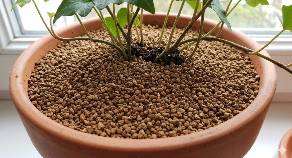 コバエ対策として、鉢植えの土の表面に赤玉土などの無機質用土が厚く敷き詰められている様子。有機質の土が見えないように完全にマルチングされた清潔な鉢元のクローズアップ。
