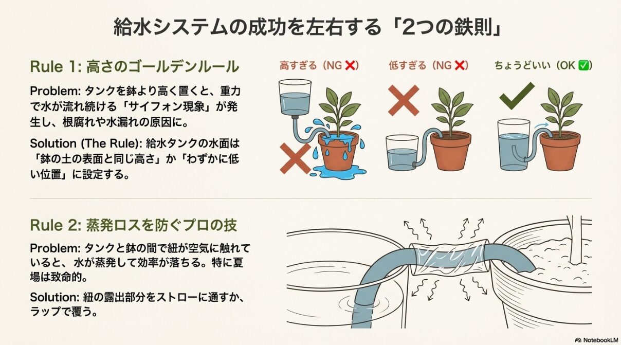 給水タンクを置く高さの比較図。タンクが高すぎると水が出過ぎ（NG）、低すぎると水が出ない（NG）、鉢と同じ高さが適正（OK）であることを示している。