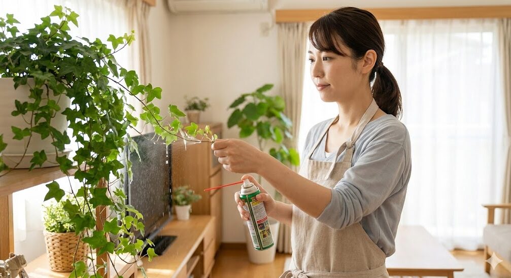 明るいリビングで、日本人女性がアイビーに殺虫スプレーを散布している様子。葉の表面だけでなく、虫が潜みやすい葉の裏側にも丁寧にスプレーしている。