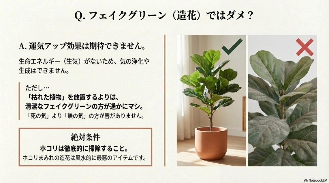 フェイクグリーンには生気がないが枯れた植物よりは良いこと、ホコリ掃除が絶対条件であることの解説