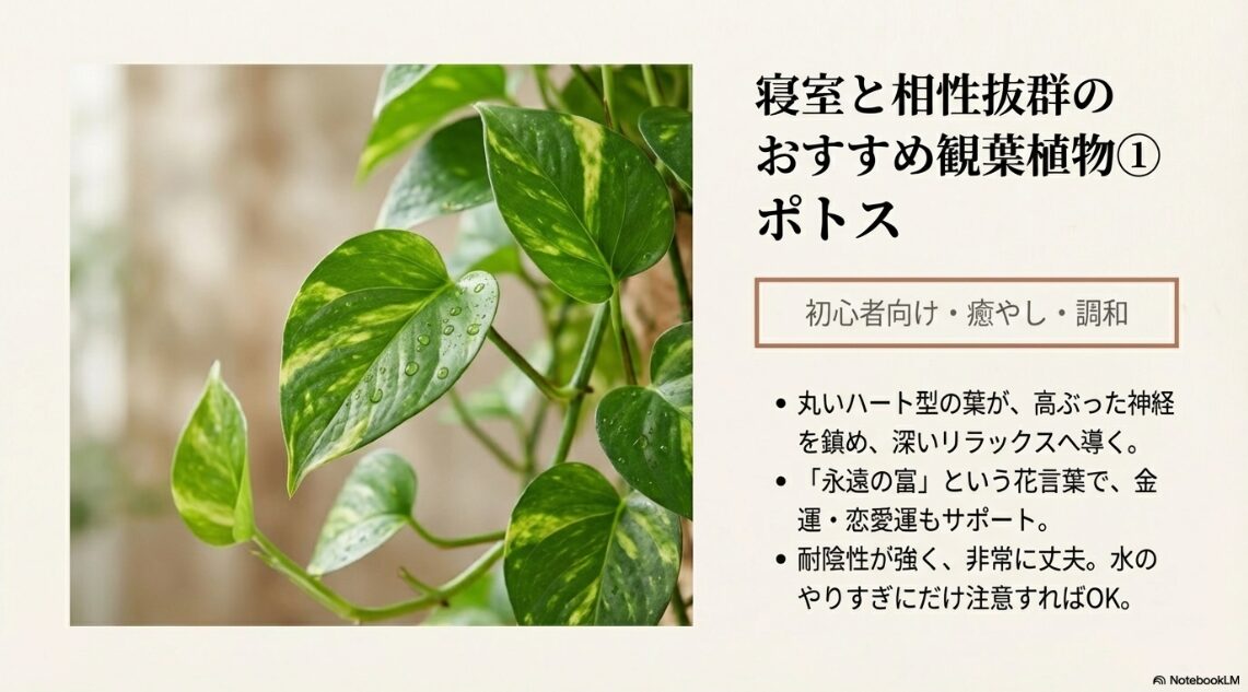 初心者向けで癒やし効果の高い観葉植物「ポトス」の写真と、風水的な効果の解説