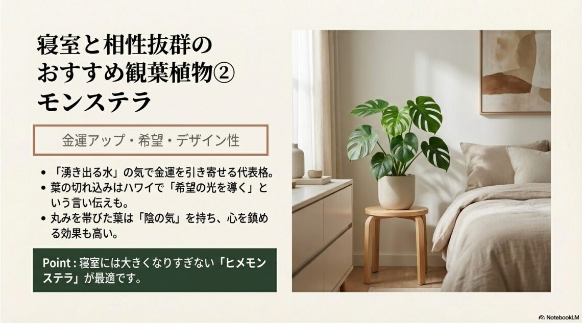 金運アップと希望の象徴である観葉植物「モンステラ」の写真と、寝室に置く際のポイント