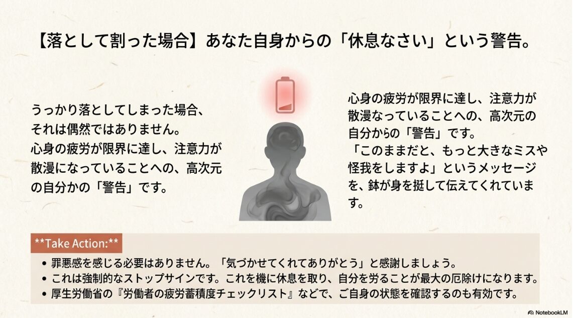 疲労が蓄積している人物に対し、高次元の自分が休息をとるよう警告しているイメージ
