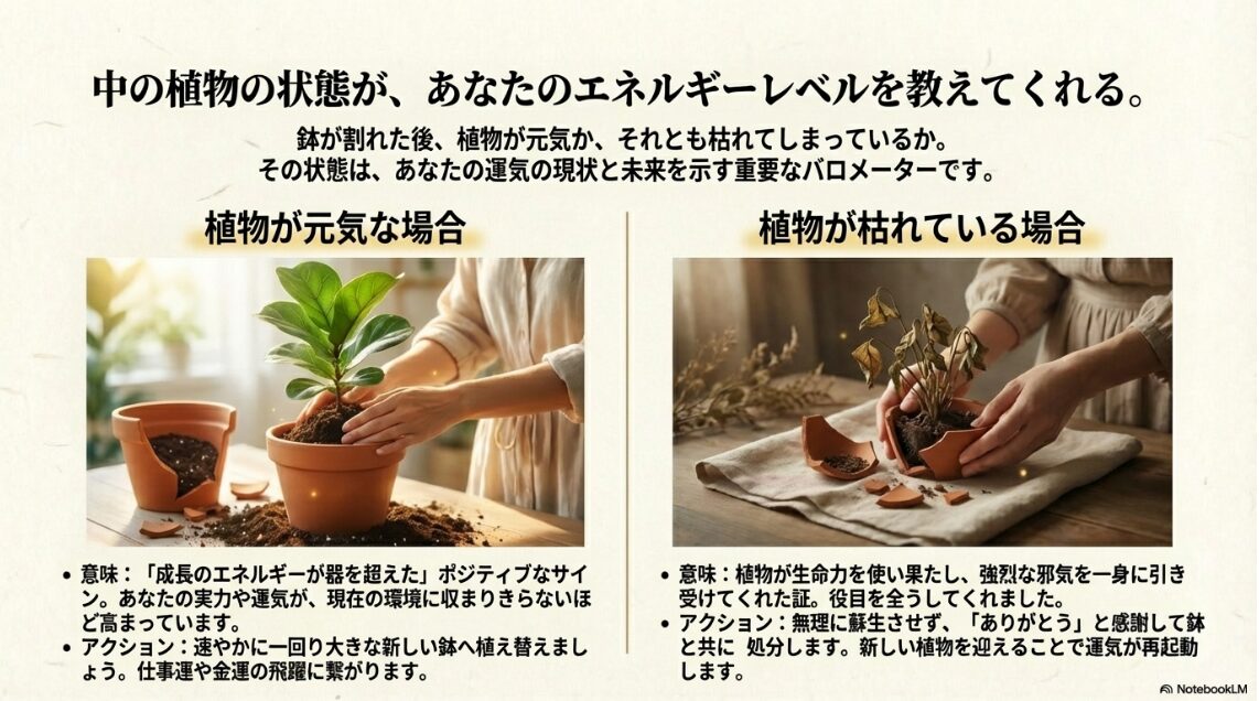 植物が元気な場合は「植え替えで運気アップ」、枯れた場合は「身代わり完了」を示す比較図