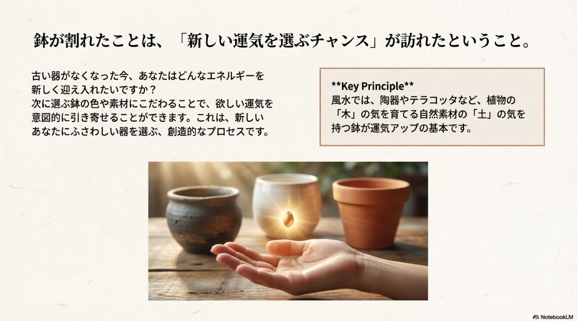 古い器がなくなり、新しい鉢を選ぶことで欲しい運気をクリエイティブに選べることを示したイメージ