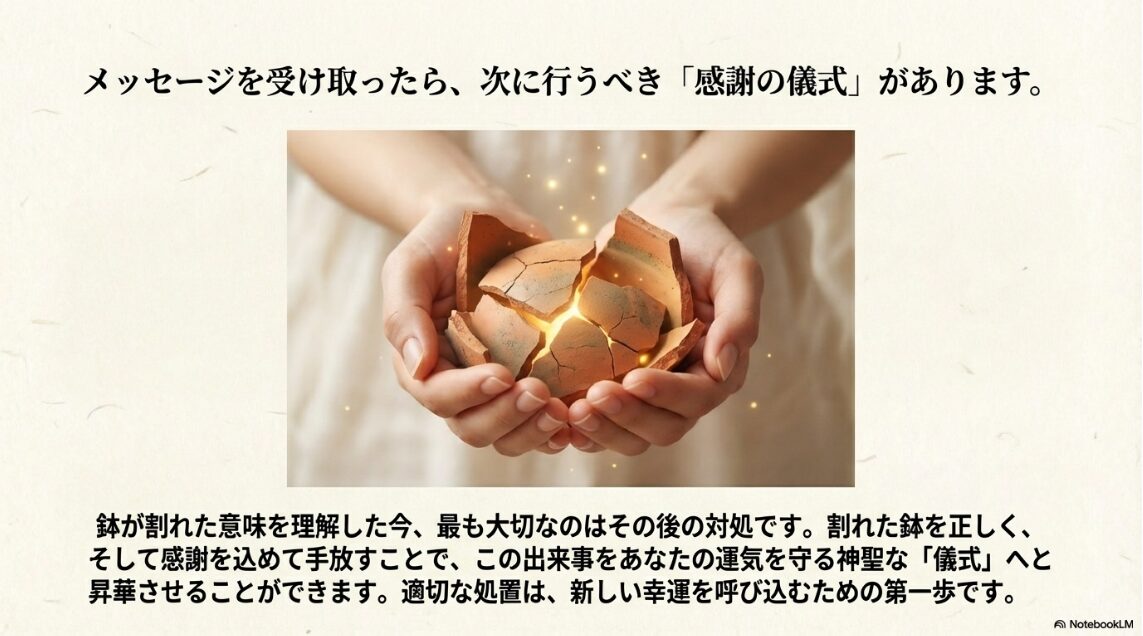 割れた鉢の破片を両手で包み込み、感謝の光で浄化しているイメージ