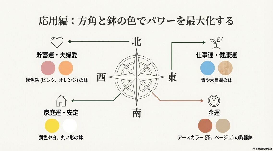 北・東・南・西の各方角に対応した運気(貯蓄・仕事・家庭・金運)と、相性の良い鉢の色をまとめたチャート図