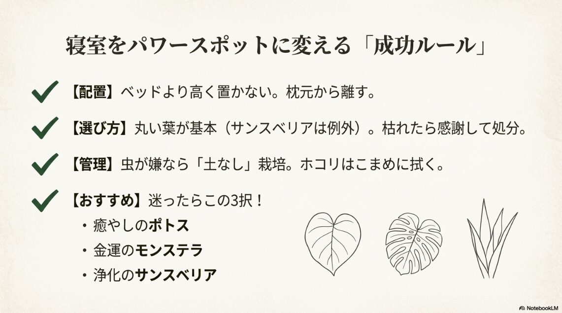 寝室の観葉植物における配置、選び方、管理方法、おすすめ植物の3択をまとめた要約スライド