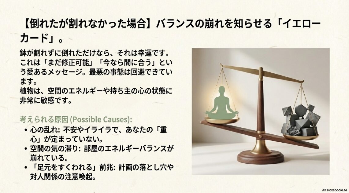 天秤が傾いており、心の乱れや空間の気の滞りを知らせる「イエローカード」のイメージ図