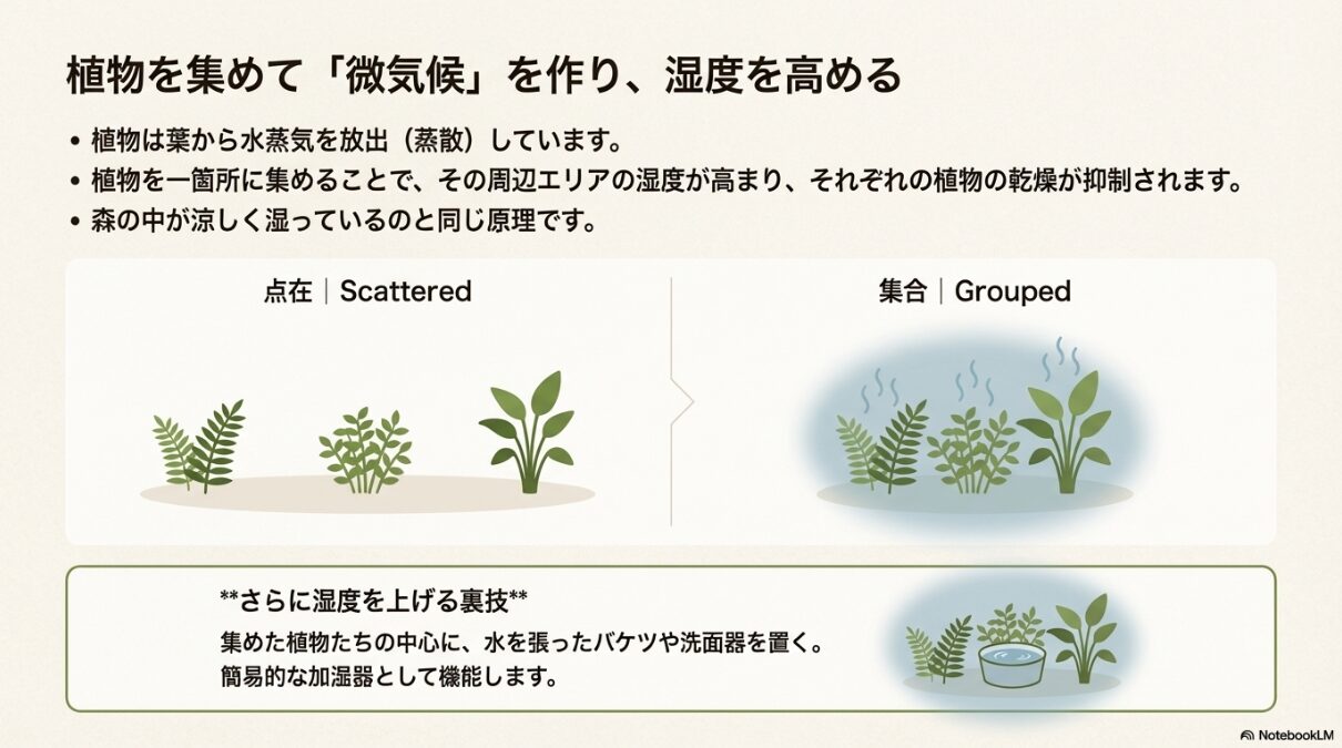 植物が部屋に点在している状態（乾燥しやすい）と、一箇所に集めることで蒸散による湿度ドームを作っている状態（湿度が保たれる）の比較イラスト。
