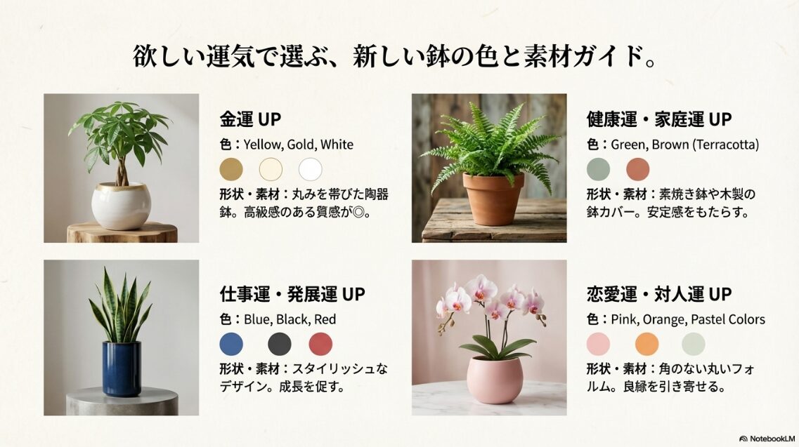 金運は黄色や白、健康運はテラコッタ、仕事運は青や黒など、運気別におすすめの鉢を紹介した図