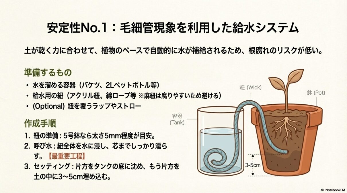 水を入れた容器（タンク）から紐を伸ばし、植物の鉢土に埋め込んで給水する仕組みのイラスト。紐を土に3〜5cm埋める様子が描かれている。