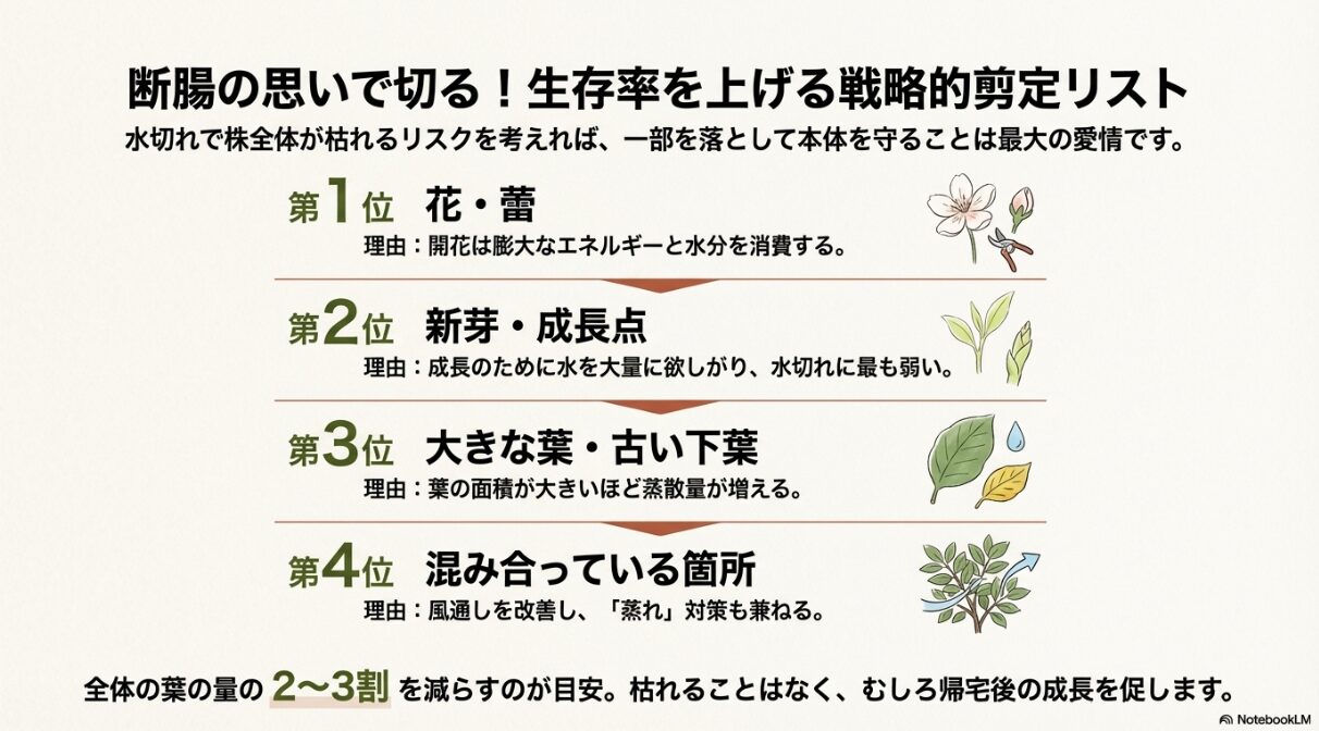 植物のエネルギー消費を抑えるために剪定すべき「花・蕾」「新芽」「古い下葉」を示したイラスト。