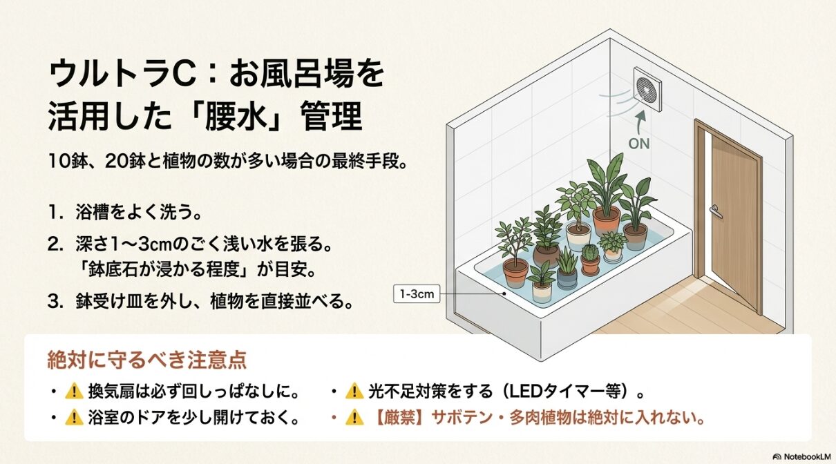 浴槽に1〜3cmの浅い水を張り、複数の鉢植えを並べている図解。換気扇がONになっている様子と、ドアが少し開いている様子が描かれている。