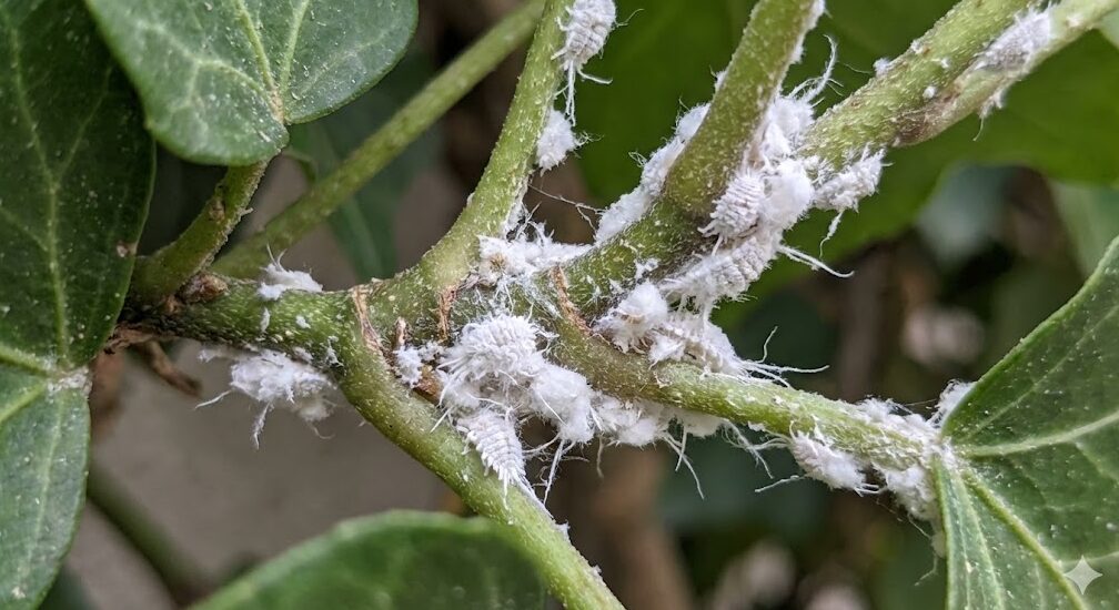 アイビーの茎の分岐点や葉の付け根に付着した、白い綿のような塊（コナカイガラムシ）。ホコリのように見えるが、よく見ると害虫であることがわかる詳細な接写画像。