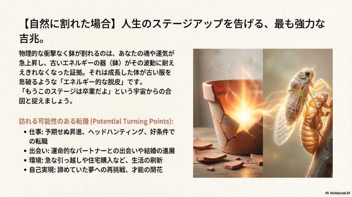 セミが脱皮するように、古い殻（鉢）を破って新しいエネルギーが輝き出すイメージイラスト