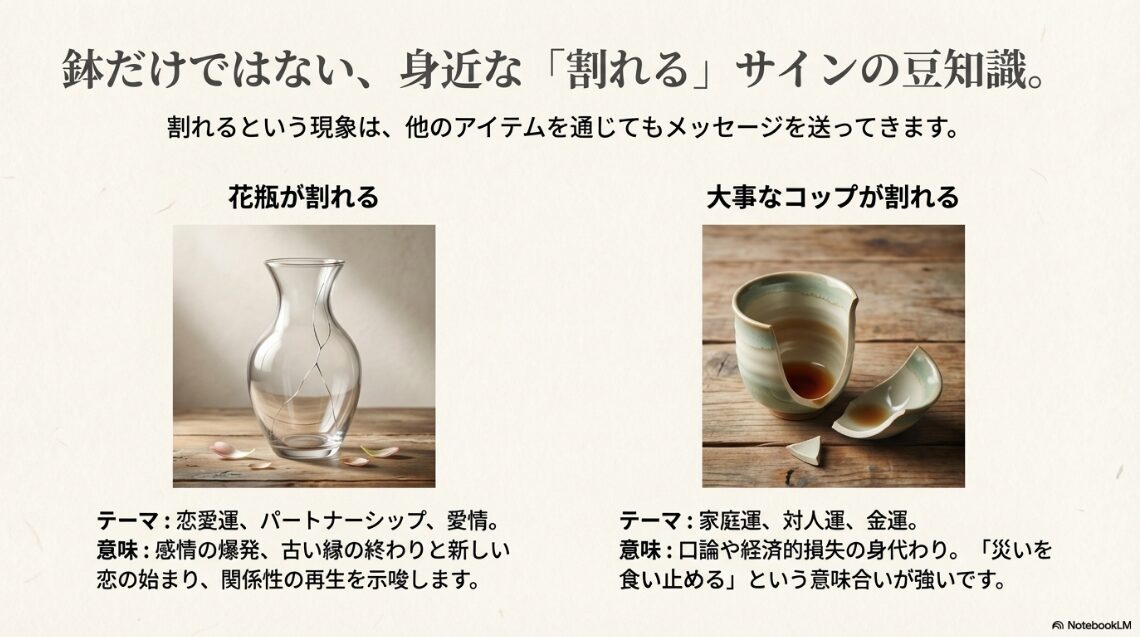 割れた花瓶は恋愛運、欠けた食器は対人運や金運の変化を表すことを示した図