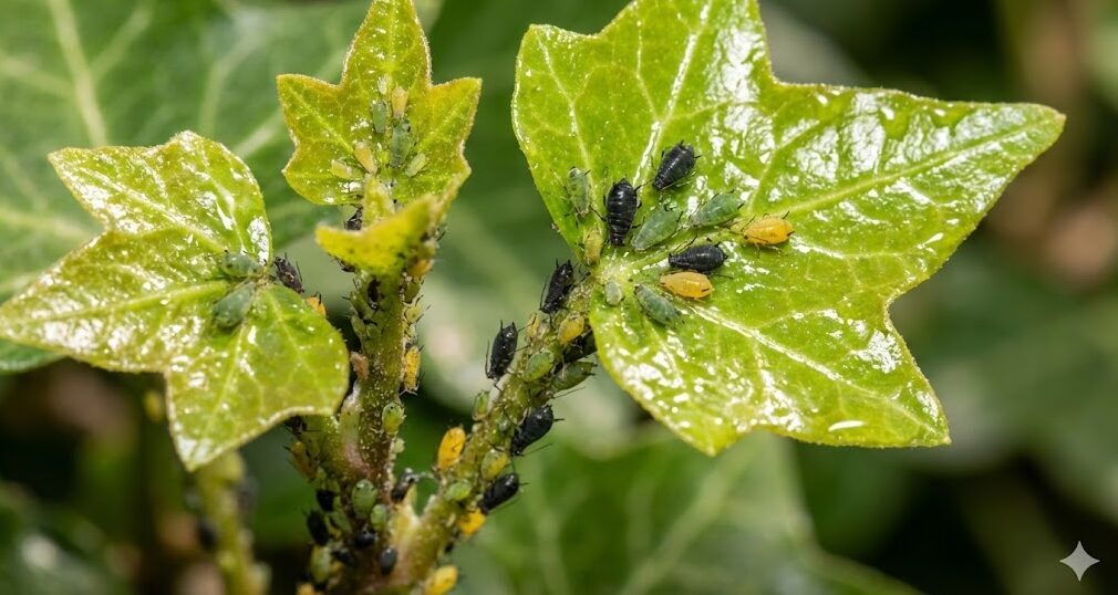 鮮やかな緑色のアイビーの新芽に群がるアブラムシの群集。葉の表面が排泄物（甘露）でテカテカと光っている様子が確認できるマクロ撮影画像。