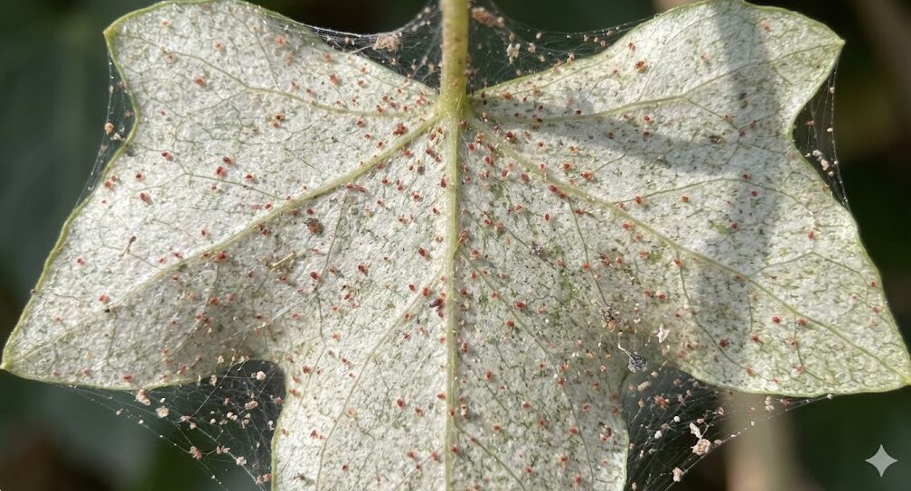 ハダニの被害を受けたアイビーの葉の裏側。小さな赤い点状のハダニと、吸汁によって色が白くかすれた葉の表面、細かいクモの巣状の糸が見られる拡大画像。