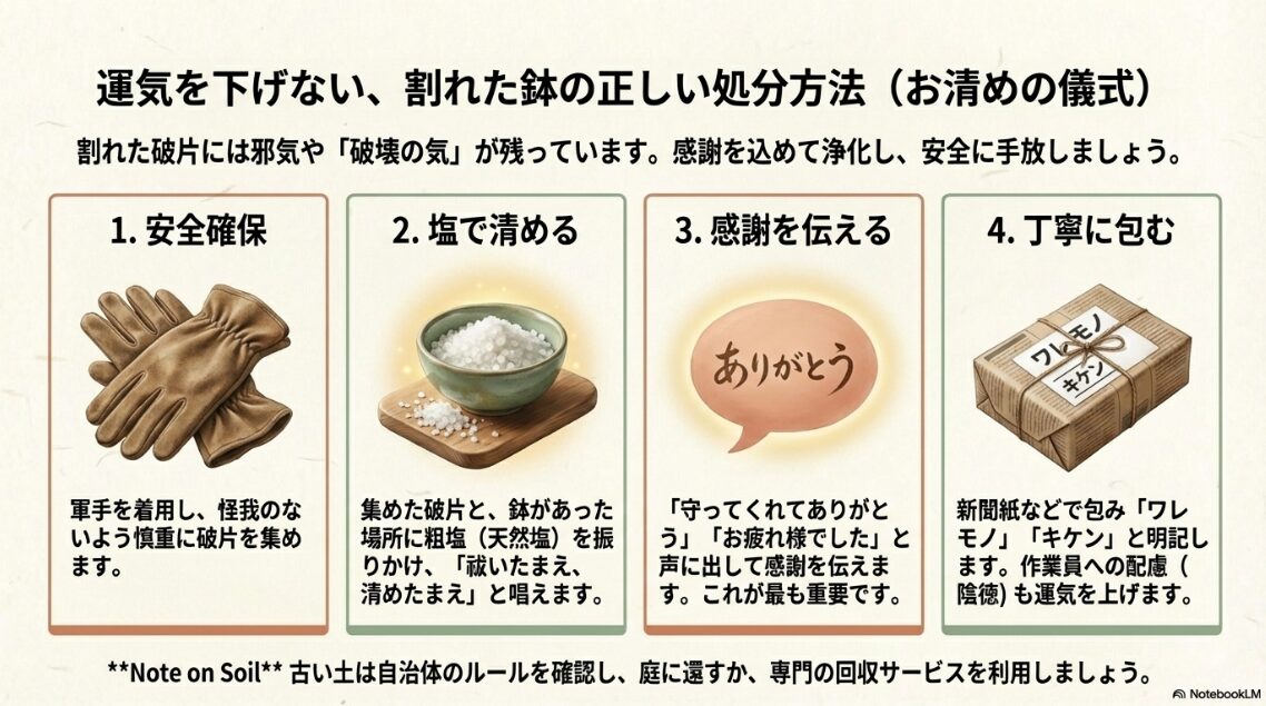 安全確保、塩での清め、感謝の言葉、ワレモノ注意の梱包という4つの処分ステップを描いたイラスト