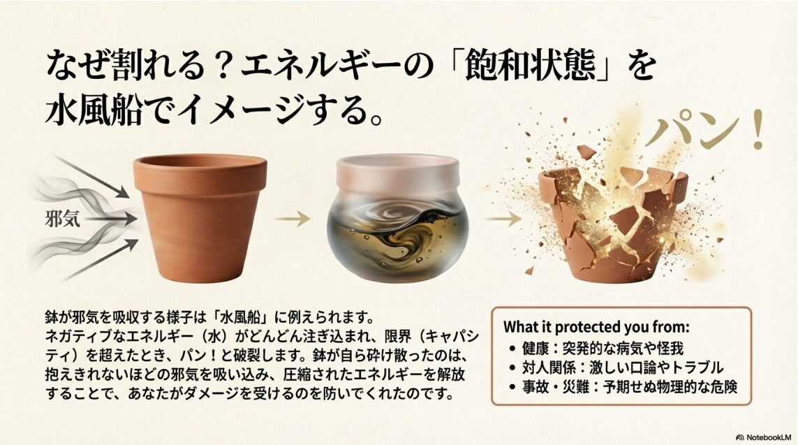 水風船に水が溜まって破裂するように、鉢が邪気で飽和状態になり割れる様子のイメージ図