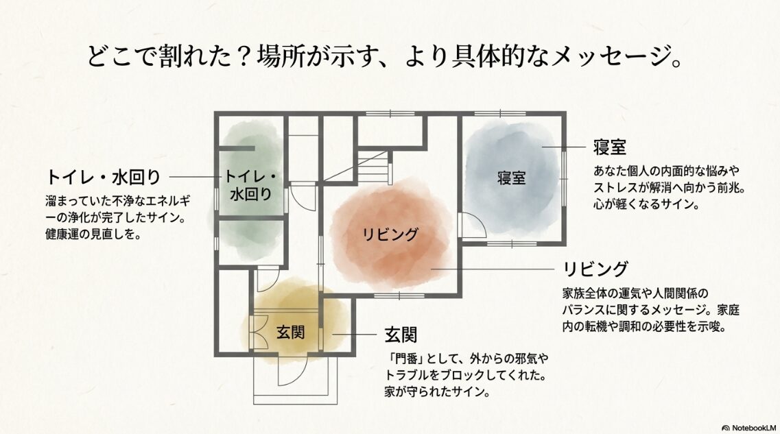 玄関、トイレ、リビング、寝室のそれぞれの場所で鉢が割れた際の意味を解説した間取り図