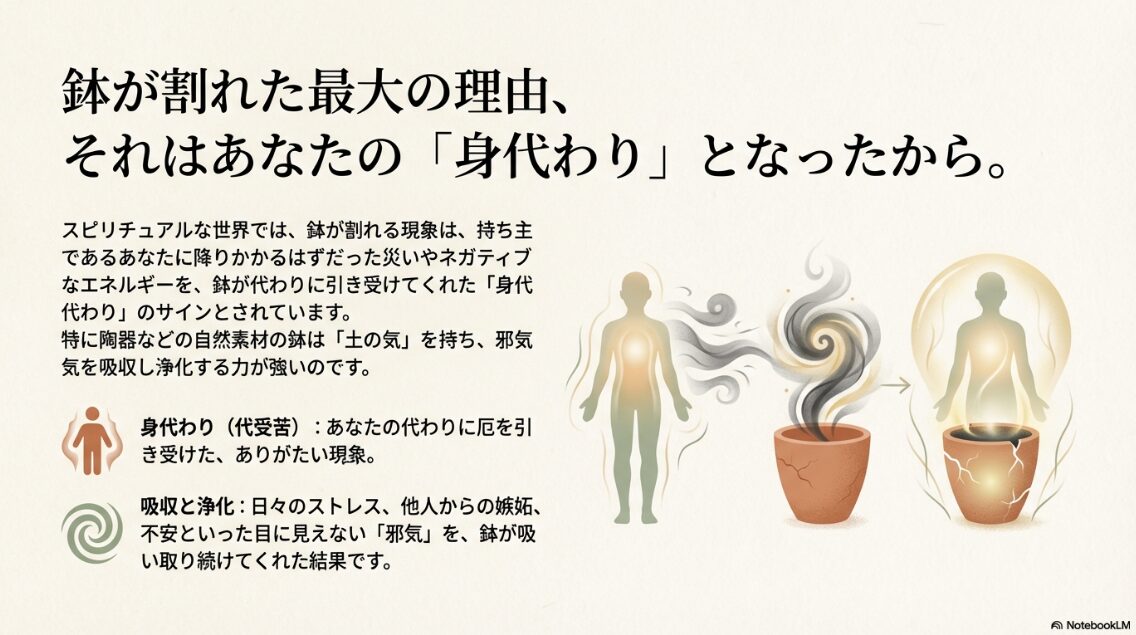 人のオーラから出るネガティブなエネルギーを、観葉植物の鉢が吸収し浄化している図解