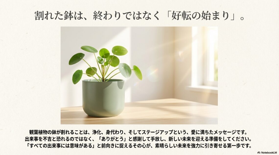 陽の光を浴びる観葉植物と共に、出来事を前向きに捉えることで未来が好転するというメッセージ画像