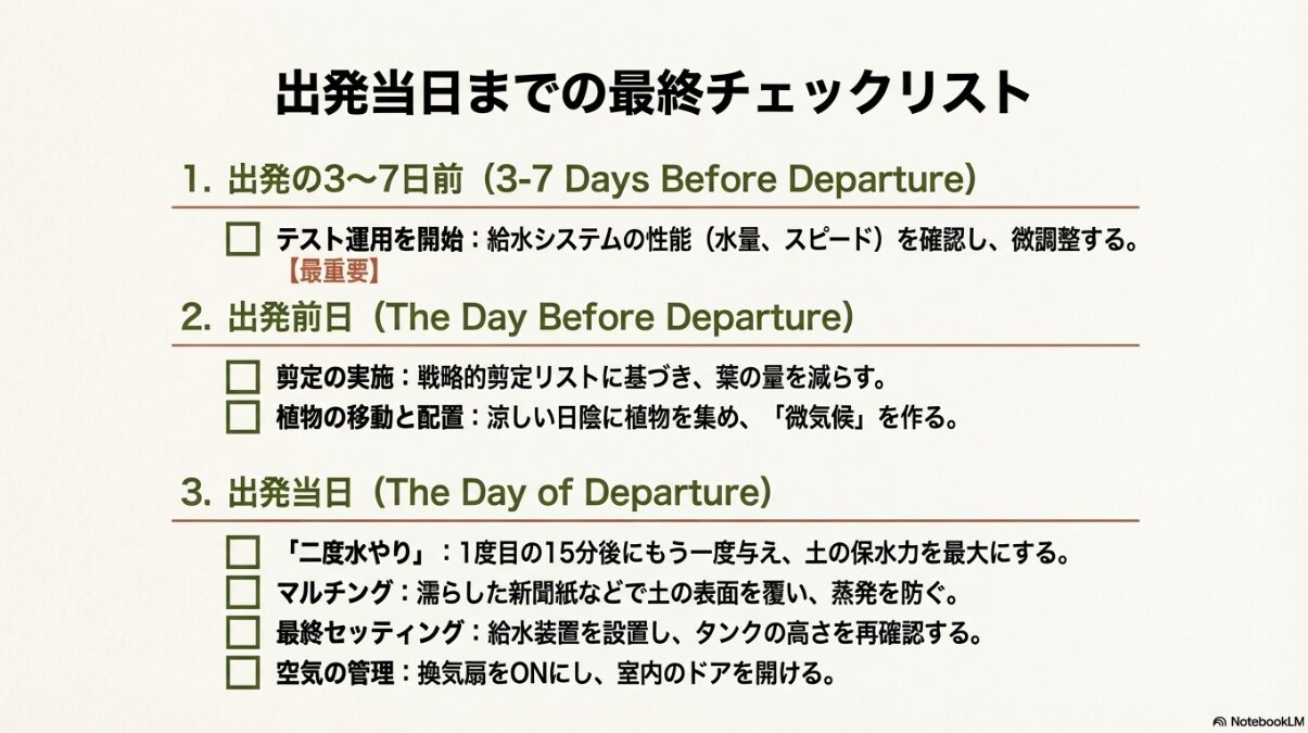 出発の3〜7日前のテスト運用、前日の剪定、当日の二度水やりや換気確認など、時系列で行うべきタスクをまとめたリスト。