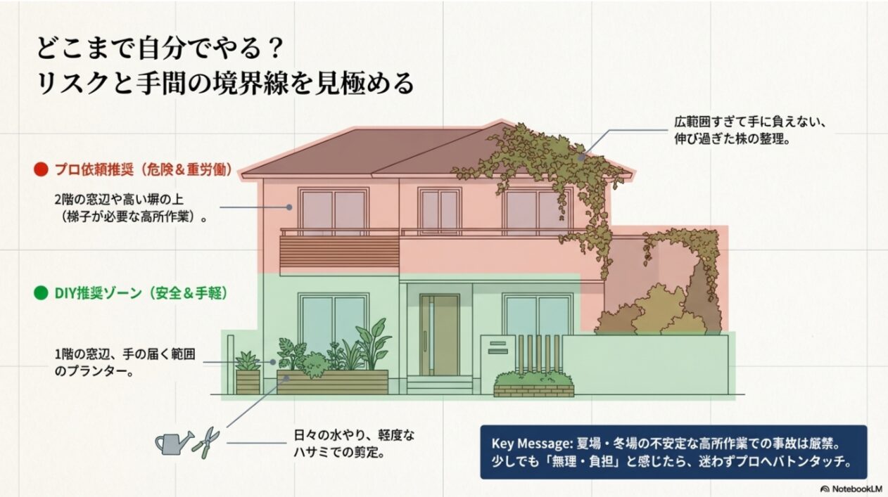 1階のプランターなどは「DIY推奨」、2階の窓辺や高所の塀などは「プロ依頼推奨」と分け、高所作業での事故を防ぐためのリスク管理を提示したスライド。