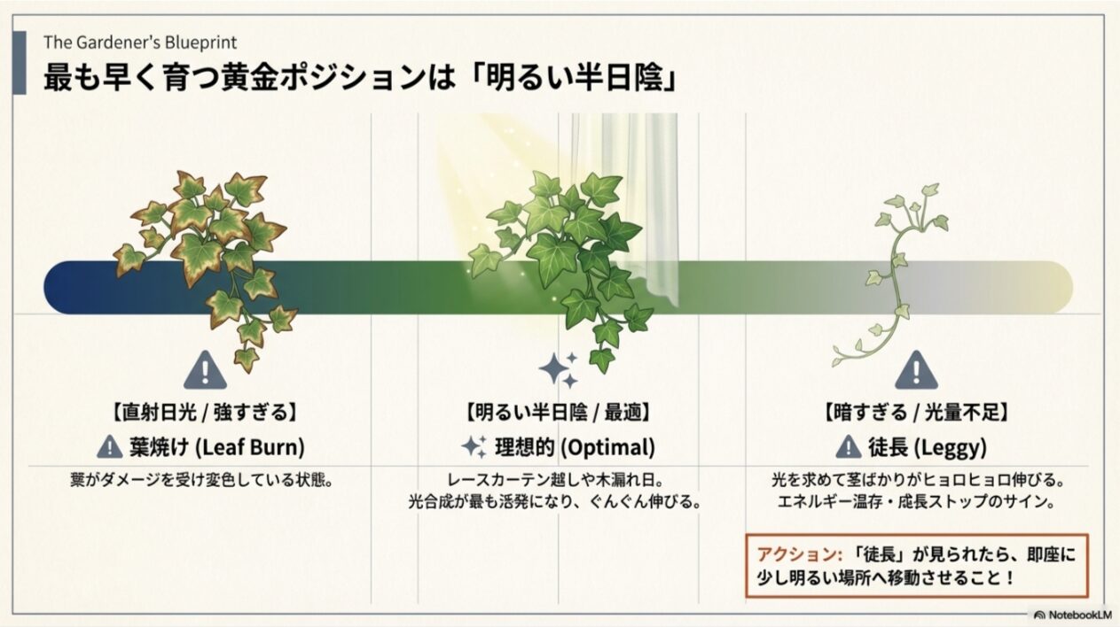 「直射日光(葉焼け)」「明るい半日陰(最適)」「暗すぎる(徒長)」の3つの環境を比較し、レースカーテン越しなどの光が光合成に最も適していることを解説したスライド。
