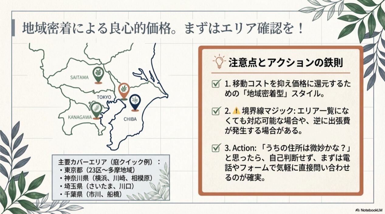 東京都、神奈川県、埼玉県、千葉県の地図にピンが立てられ、各県の主要な対応市区町村をリストアップした、地域密着型スタイルを示すスライド。