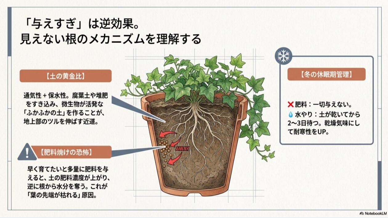通気性と保水性を備えた「ふかふかの土」の重要性と、肥料の与えすぎによる「肥料焼け」のリスクを、根のイラストと共に説明したスライド。