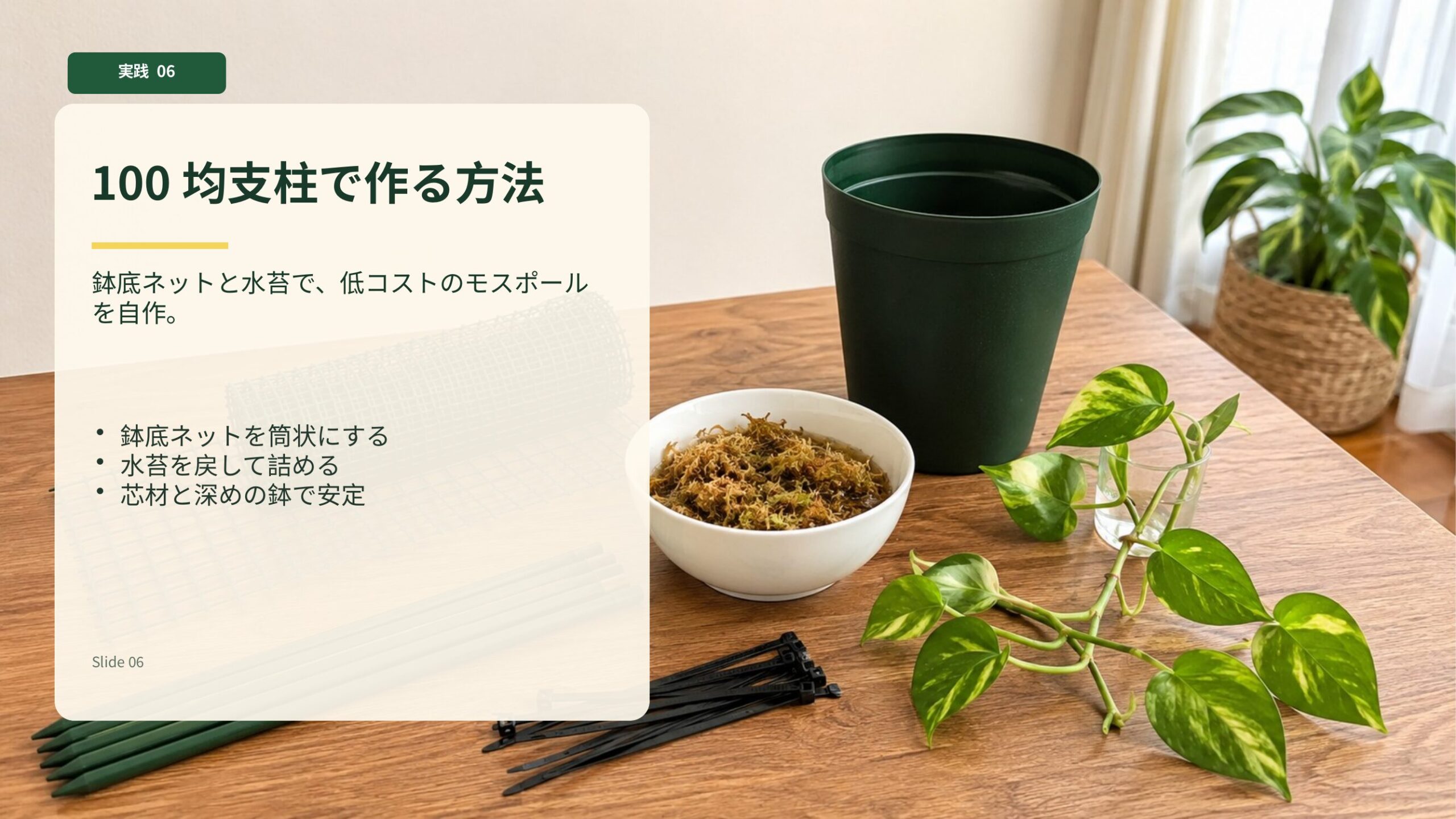 100均資材の鉢底ネット、水苔、園芸支柱を使ってポトスタワーを作る準備