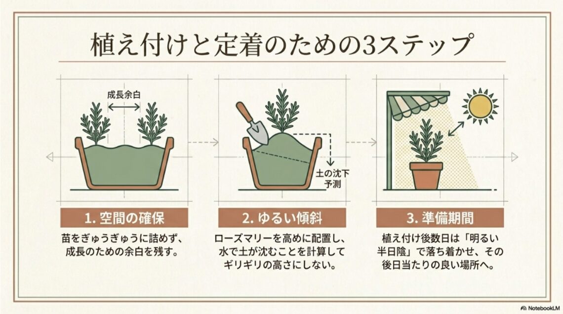 苗同士の空間確保、ゆるい傾斜、植え付け後の半日陰管理を示した3ステップ図