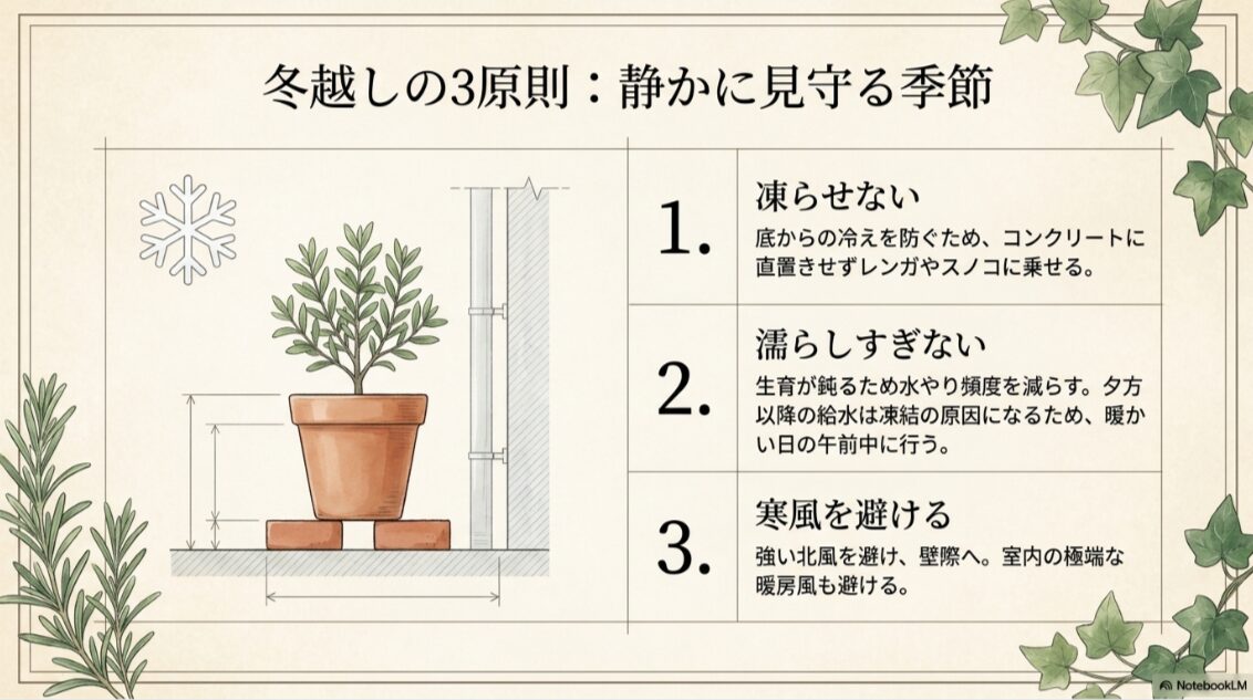 鉢を凍らせない、濡らしすぎない、寒風を避けるという冬越し管理の3原則