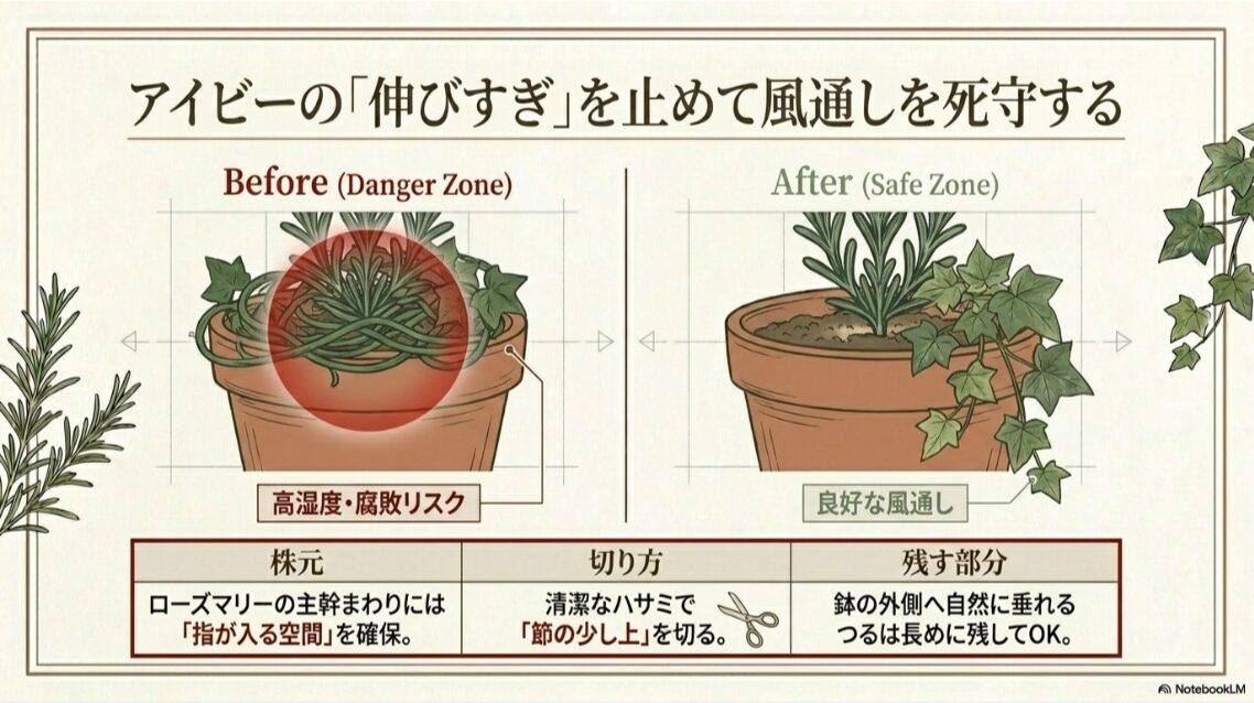 アイビーがローズマリーの株元を覆う危険な状態と、外側へ垂らして風通しを守る剪定後の状態