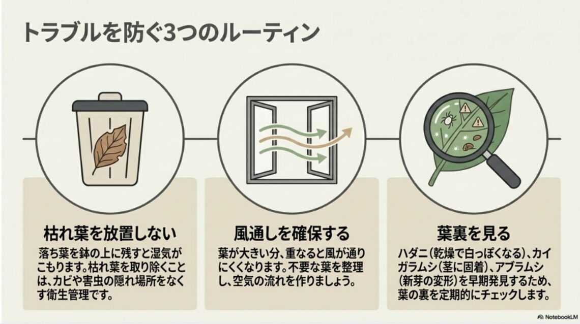 セロームの枯れ葉を放置せず風通しを確保し葉裏を確認する日常管理の図