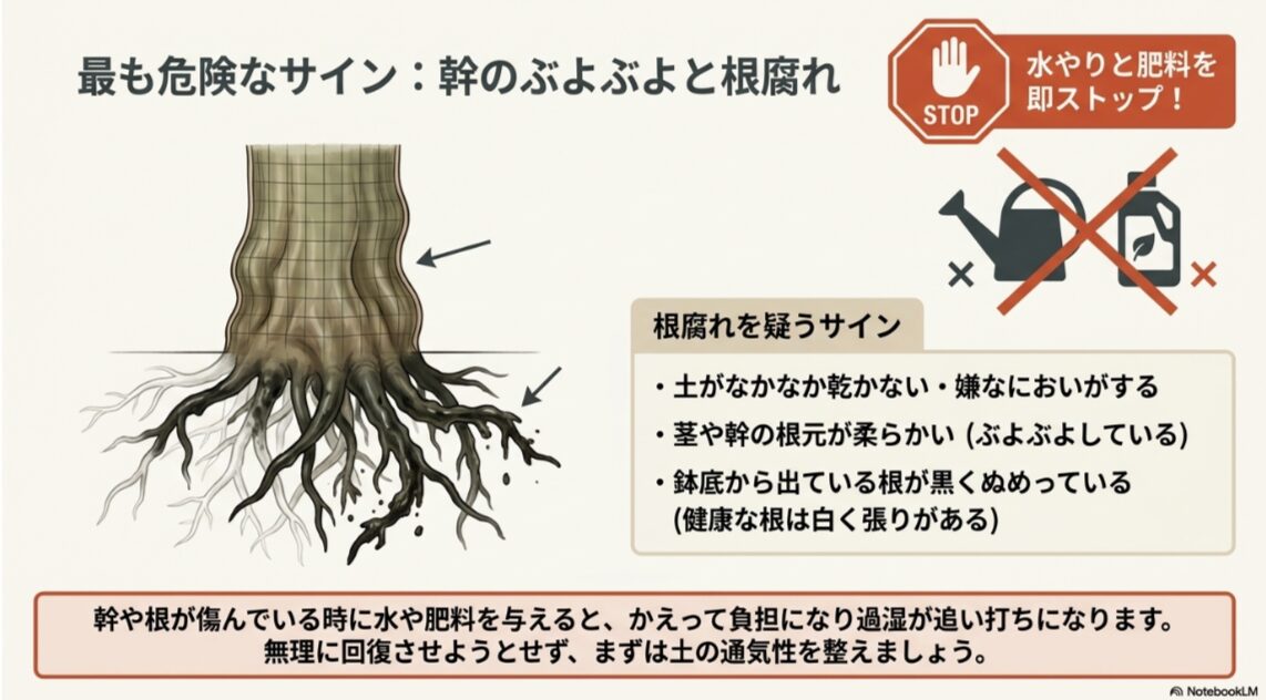 セロームの幹や根がぶよぶよする時に水やりや肥料を止めて確認すべきサインを示した図
