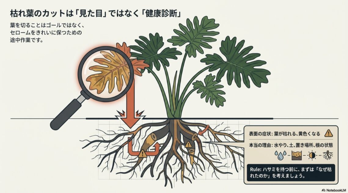 セロームの枯れ葉を切る前に葉と根の状態を確認する重要性を示した図
