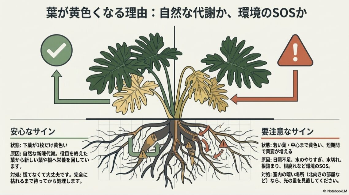 セロームの葉が黄色くなる原因を自然な代謝と環境トラブルに分けて説明した図