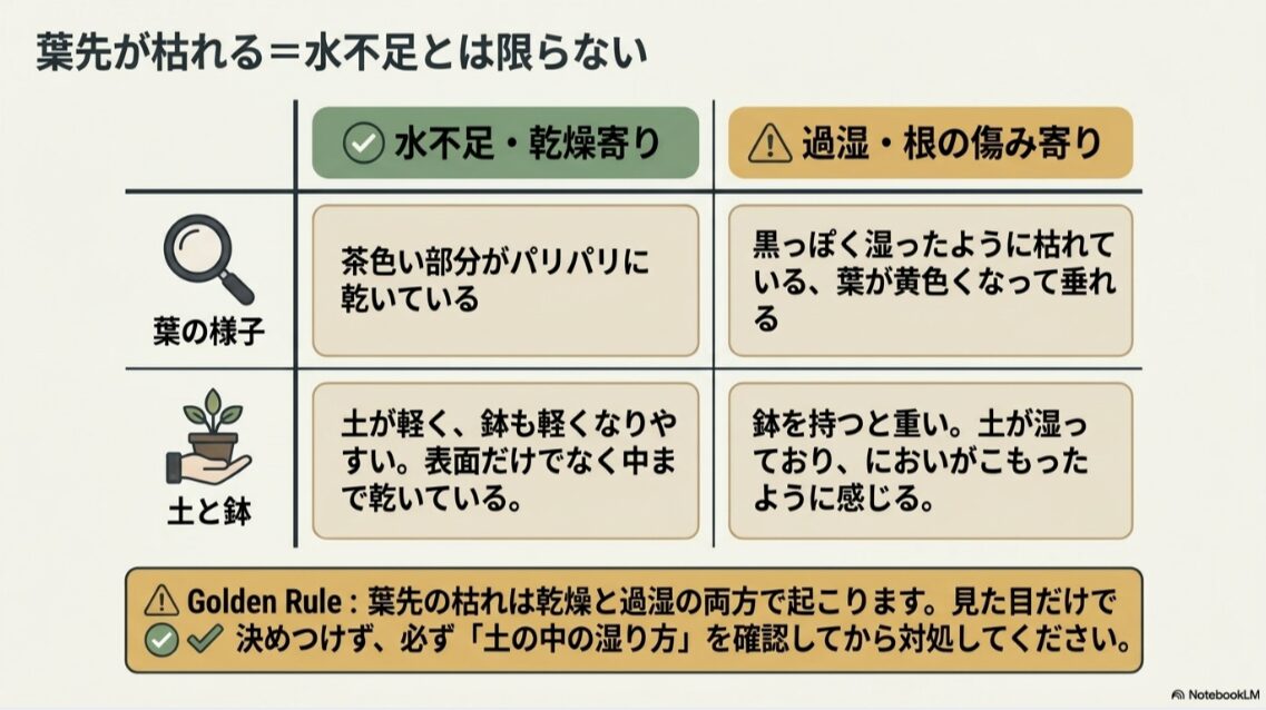 セロームの葉先枯れが水不足だけでなく過湿や根の傷みでも起こることを比較した表