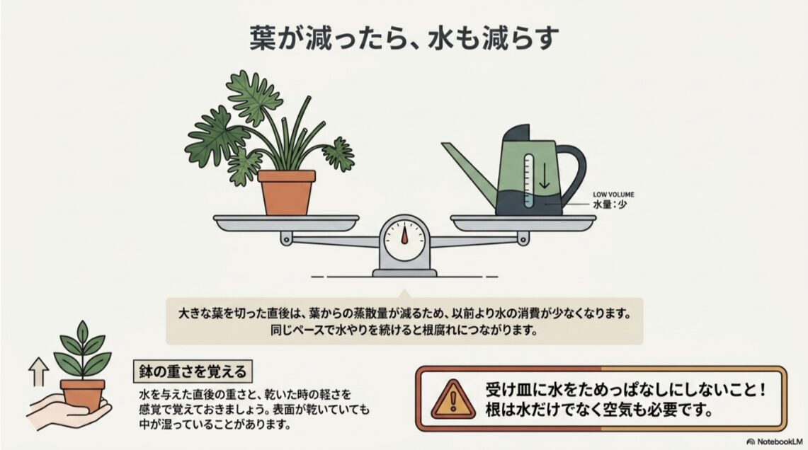 セロームの葉を切った後は水の消費量が減るため水やりを見直すことを示した図