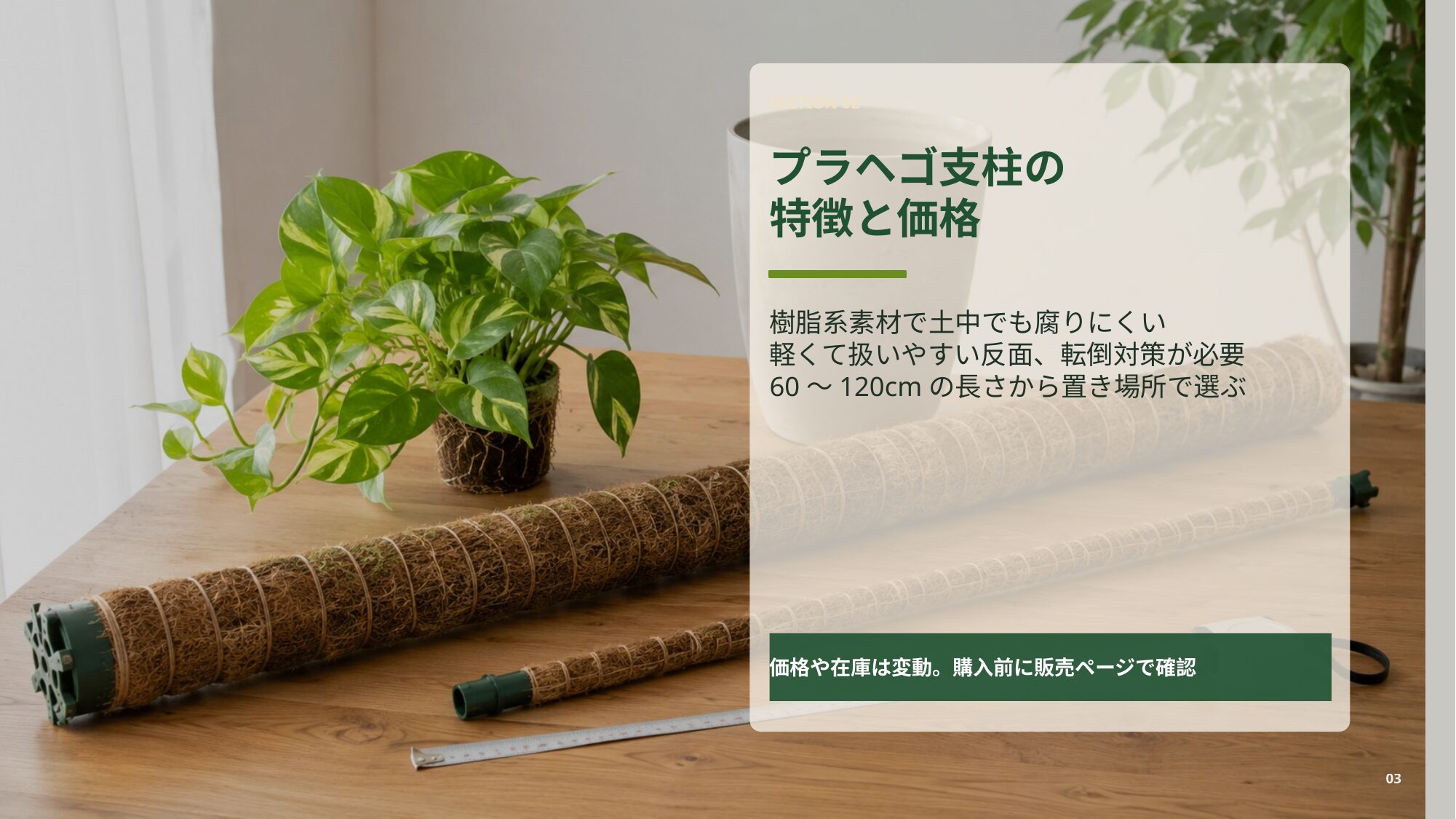 ポトスタワーに使うプラヘゴ支柱の特徴、長さ、価格の考え方をまとめたスライド